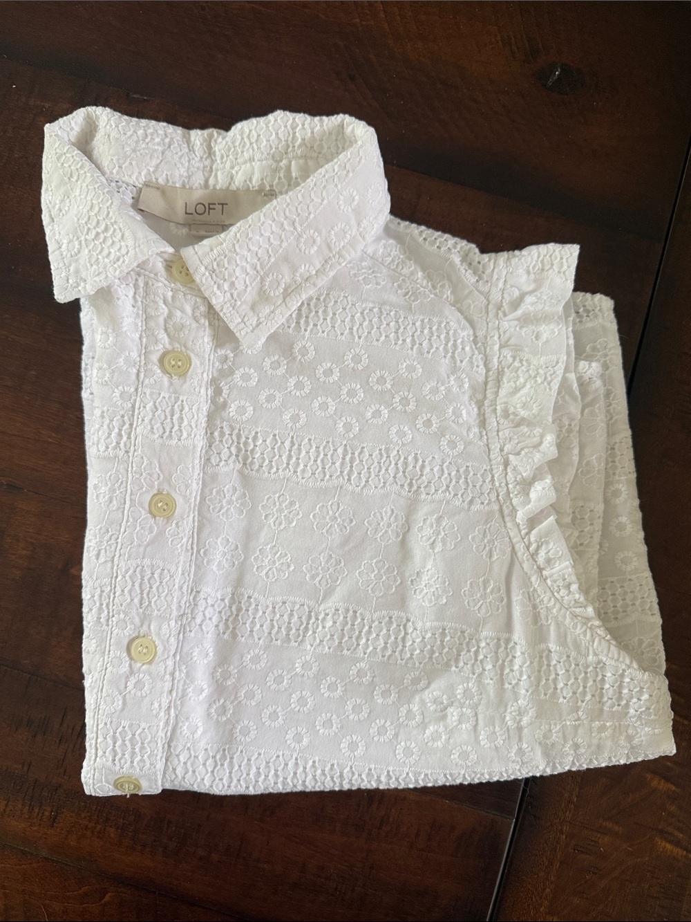LOFT White Eyelet Sleeveless Button-Down Shell